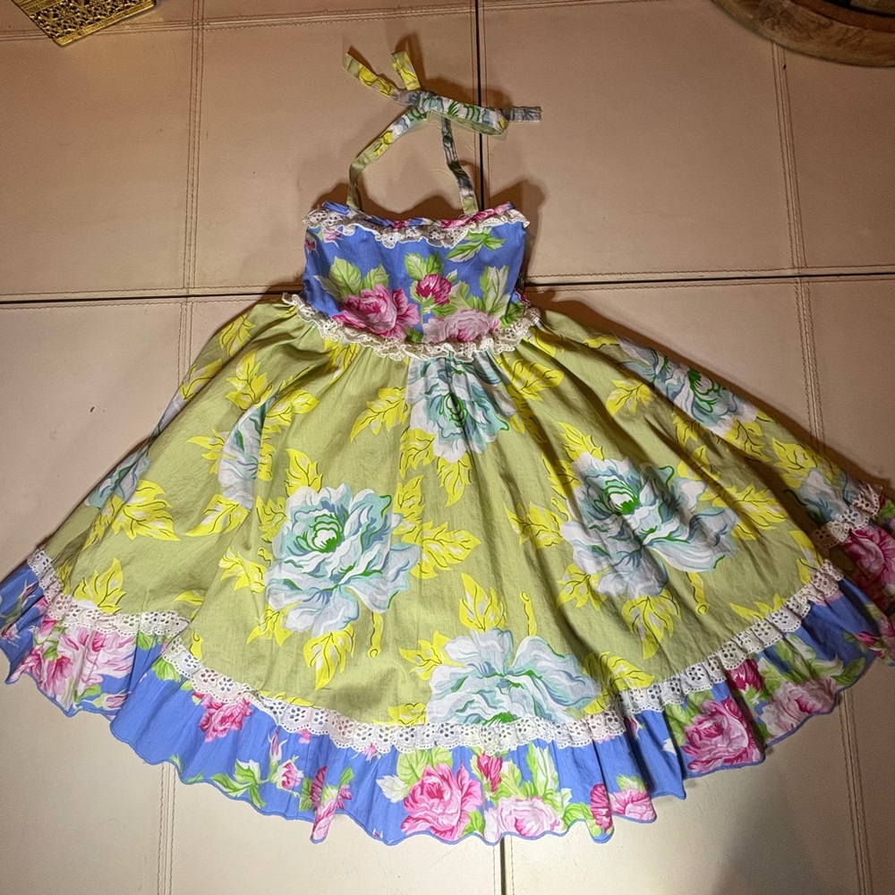 Floral Halter Dress with Lace Trim Mustard Pie